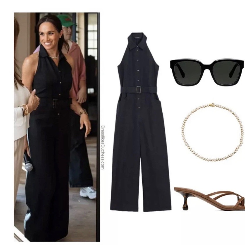 Club Monaco Sleeveless Black Halter Jumpsuit with Belt Meghan Markle